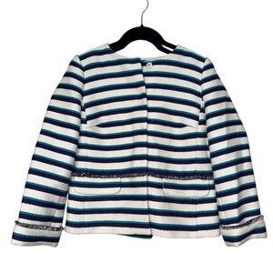 Talbots White Navy Teal Striped Tweed‎ Jacket Womens 2P